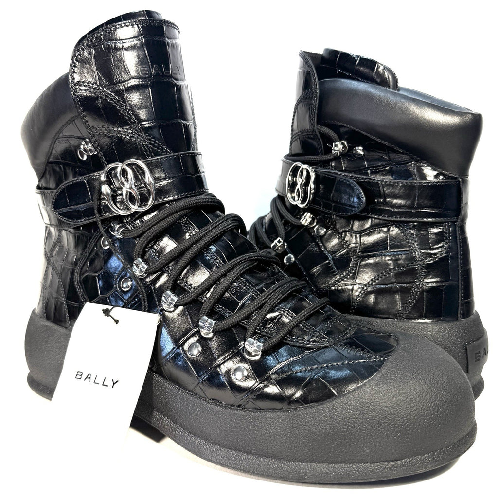 BALLY Mens Clyff Lamb Fur Lined Croc Embossed Leather Boots Black (MSRP $1,100)
