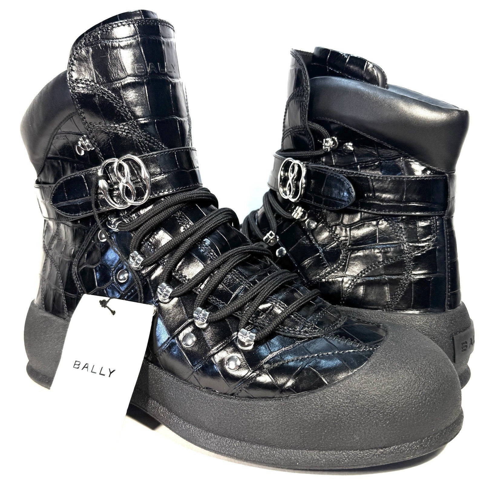 BALLY Mens Clyff Lamb Fur Lined Croc Embossed Leather Boots Black (MSRP $1,100)