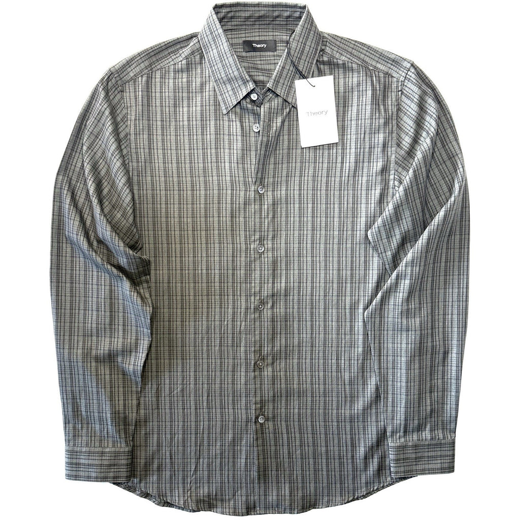 THEORY Mens Irving Arch Flanella Check Button Down Shirt Olive Green (MSRP $225)