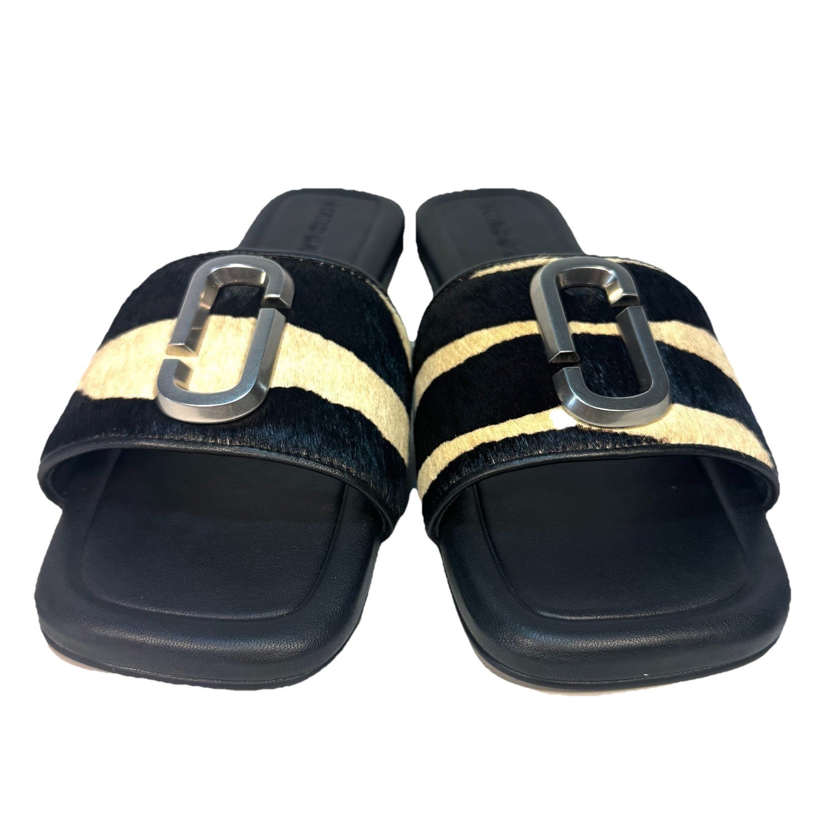 MARC JACOBS Womens J Logo Zebra Pony Hair Slide Sandals Black (MSRP $250)