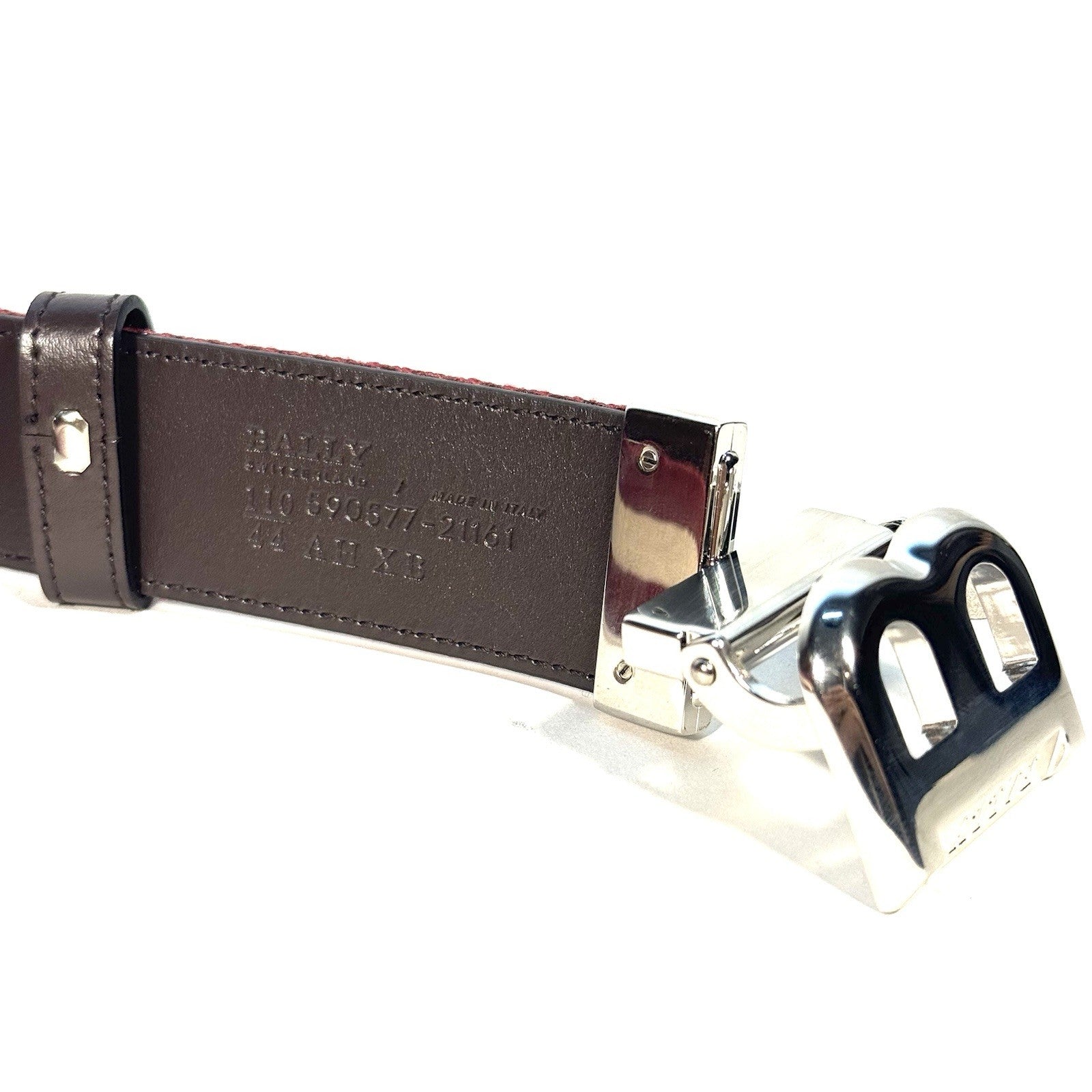 BALLY Mens Bising B Logo Stripe Canvas Leather Belt Brown Red 110 (MSRP $380)