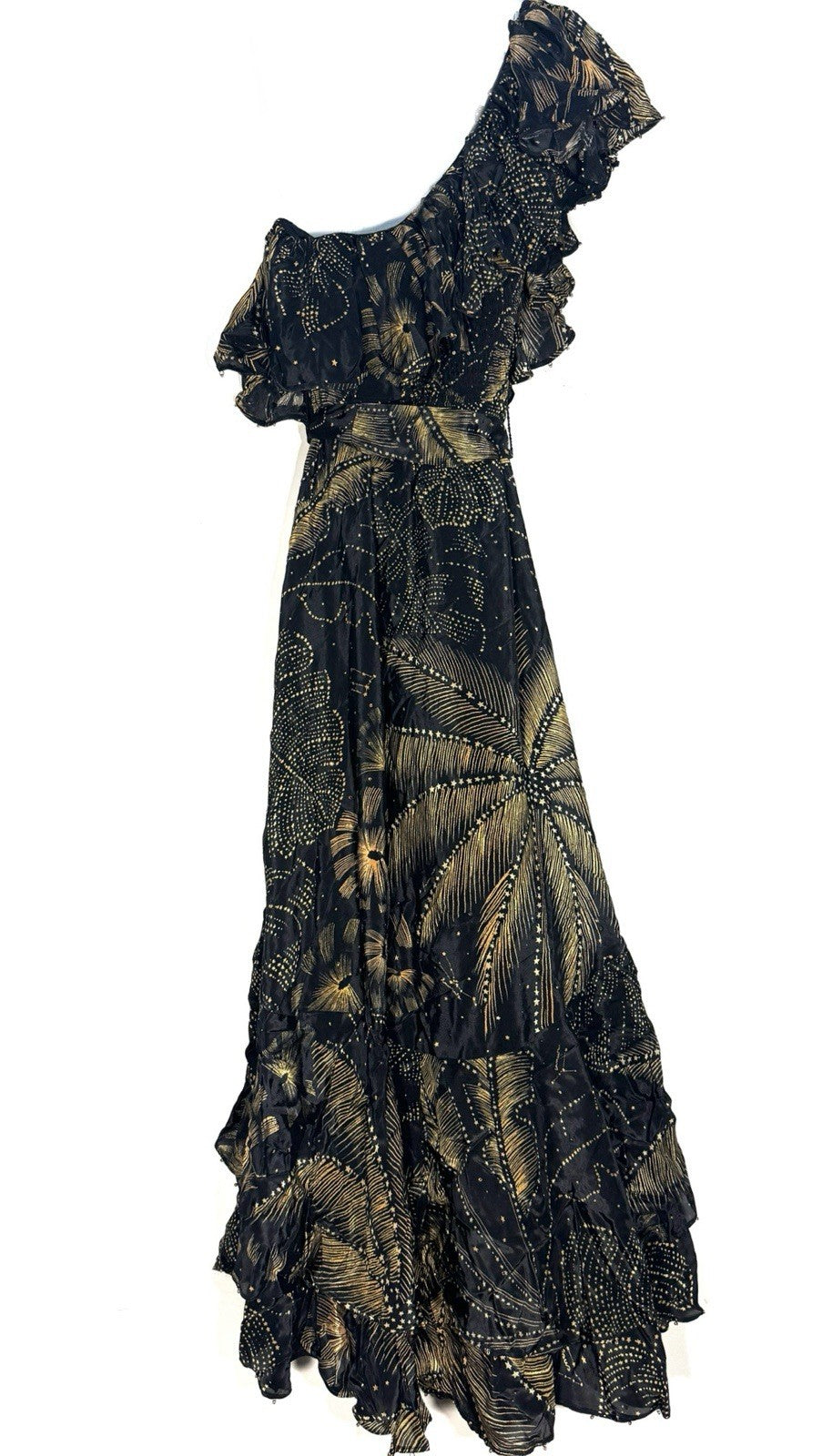 FARM RIO Womens Golden Foliage One Shoulder Maxi Dress Black S (MSRP $360)