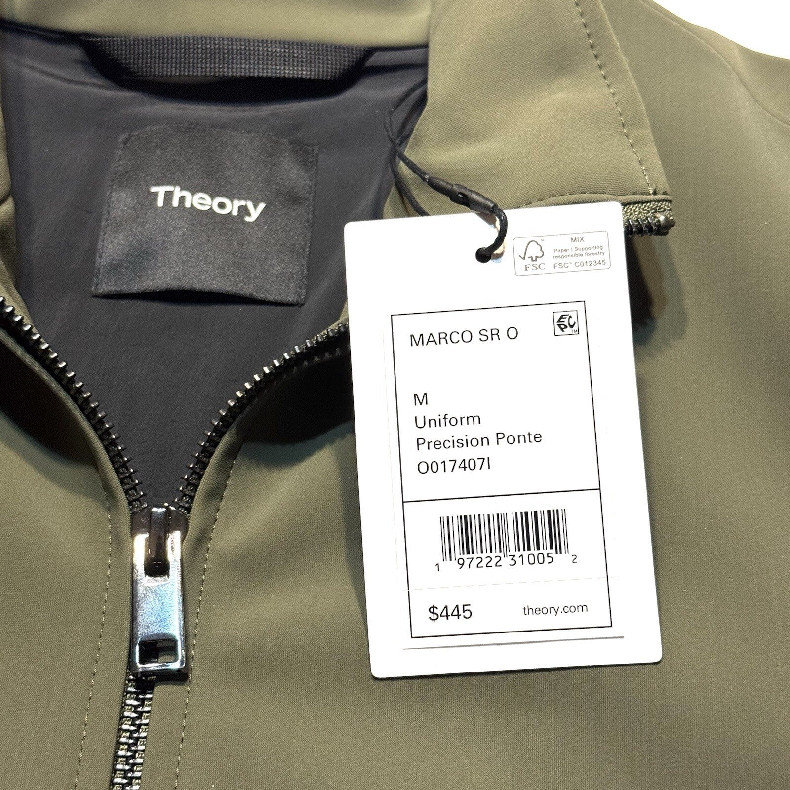THEORY Mens Marco Precision Ponte Zip Jacket Uniform Green M (MSRP $445)