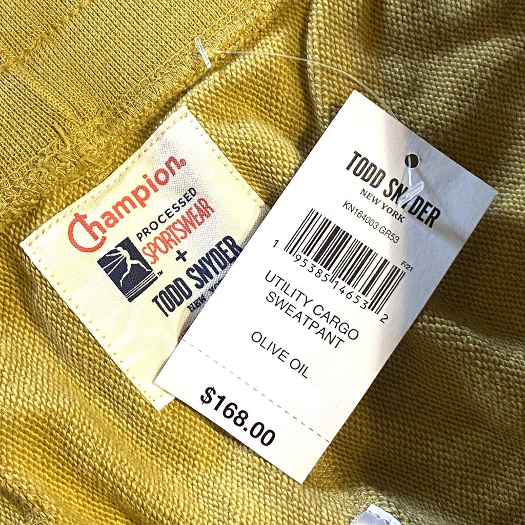 TODD SNYDER x CHAMPION Mens Utility Cargo Sweatpants Olive Oil Tan (MSRP $168)