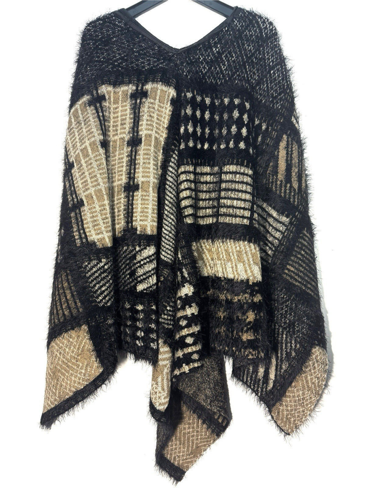 BCBG MAX AZRIA Womens Leather Fringe Trim Poncho Black Taupe (MSRP $248)