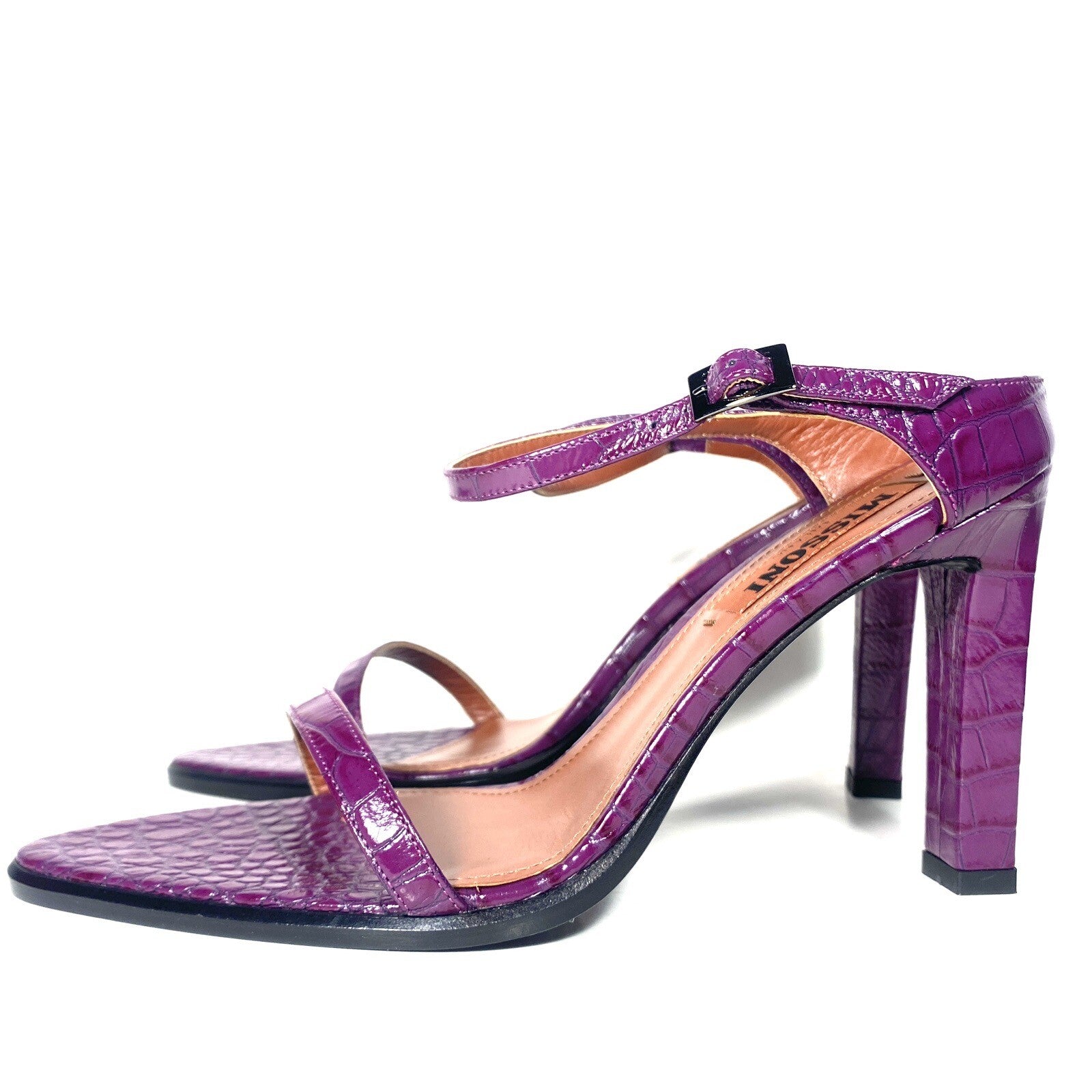 MISSONI Womens Crocodile Embossed Leather Heel Sandals Purple (MSRP $810)