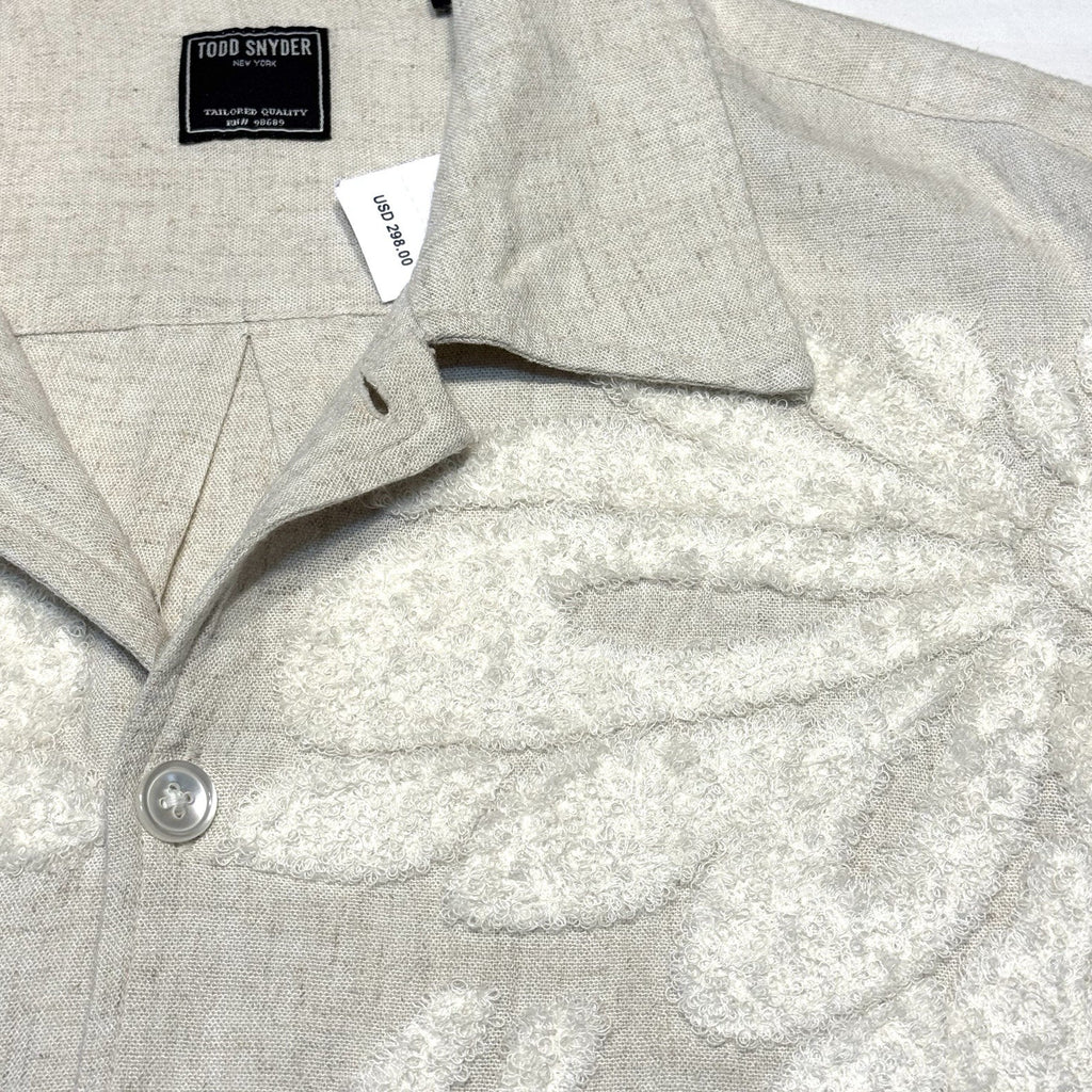 TODD SNYDER Mens Linen Terrycloth Palm Leaf Floral Camp Shirt Beige (MSRP $298)