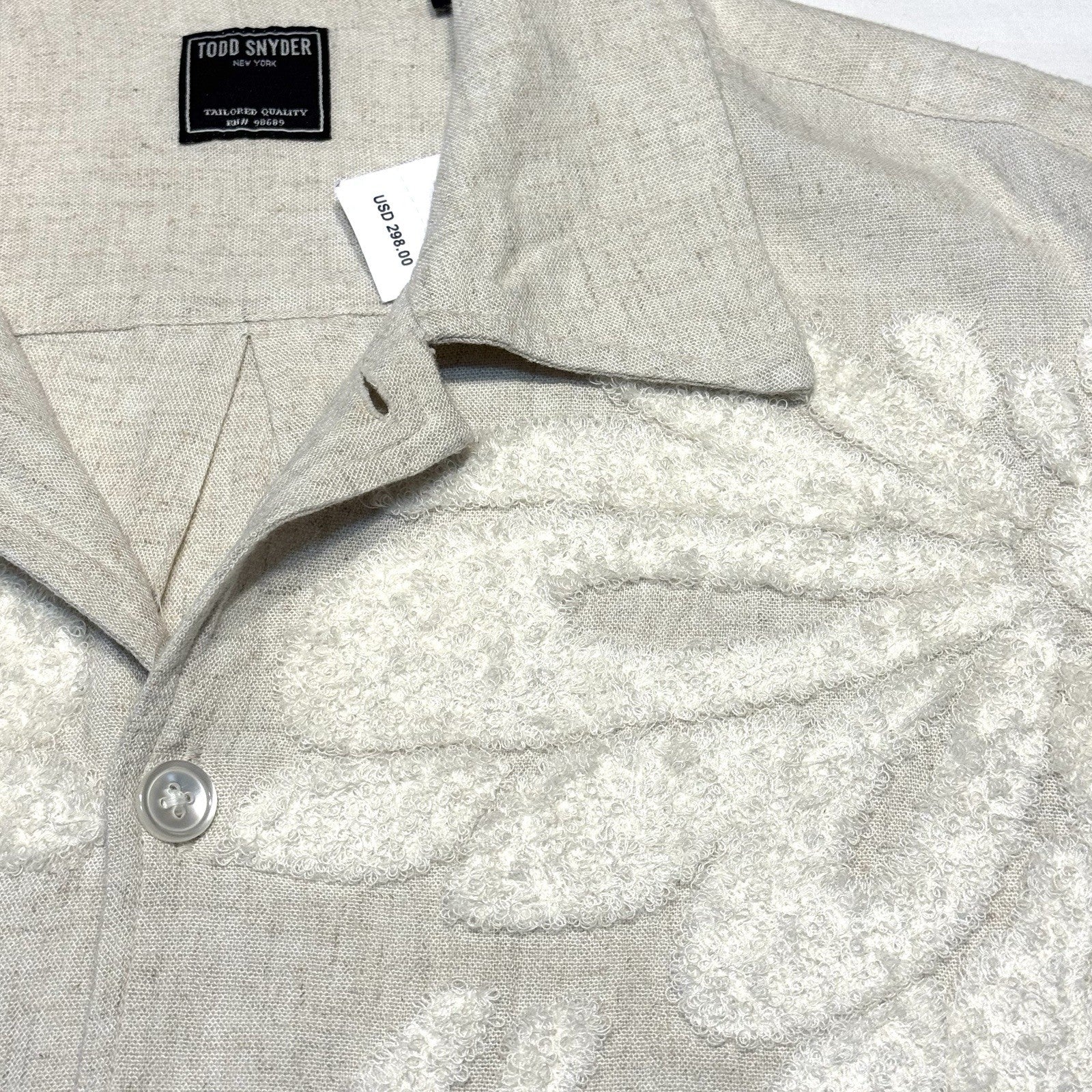 TODD SNYDER Mens Linen Terrycloth Palm Leaf Floral Camp Shirt Beige (MSRP $298)