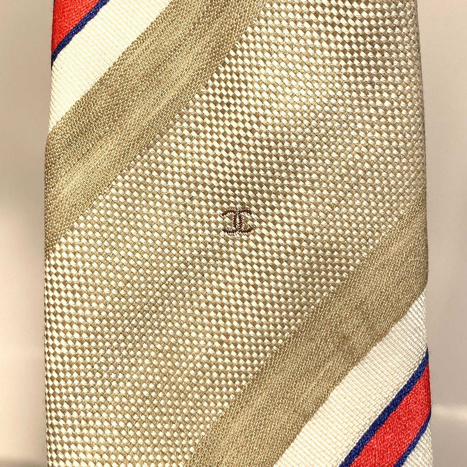CHANEL Mens Striped Logo Silk Linen Monogram Tie Red White Beige (MSRP $210)