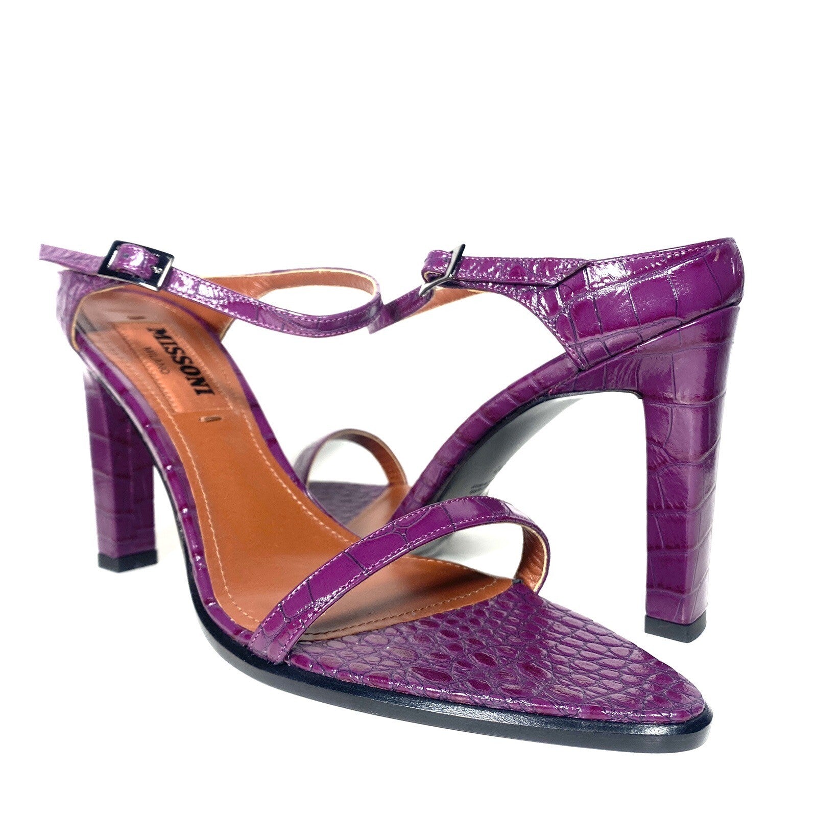 MISSONI Womens Crocodile Embossed Leather Heel Sandals Purple (MSRP $810)