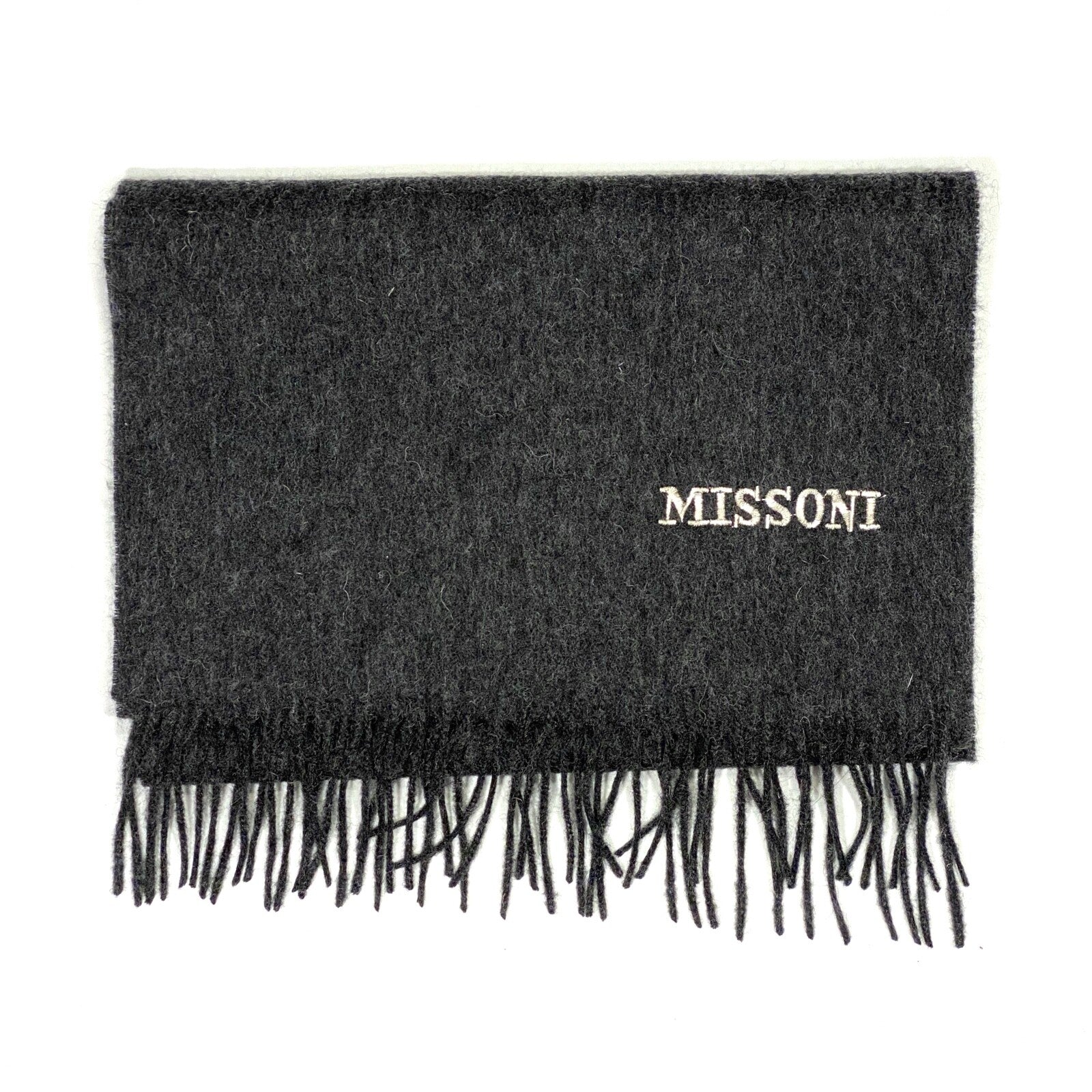 MISSONI Mens Womens Wool Fringe Scarf Ivory Logo Green Gray