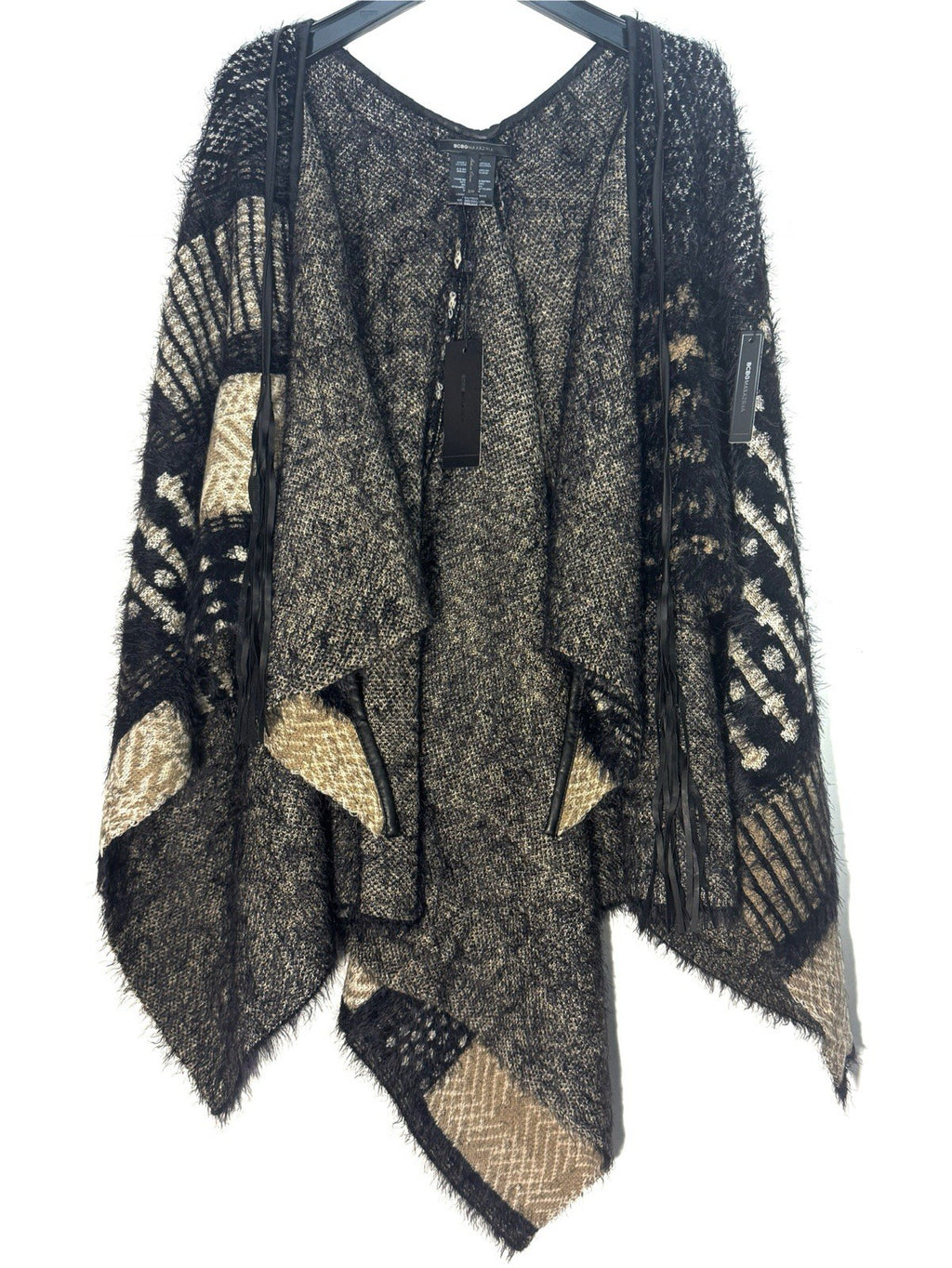 BCBG MAX AZRIA Womens Leather Fringe Trim Poncho Black Taupe (MSRP $248)