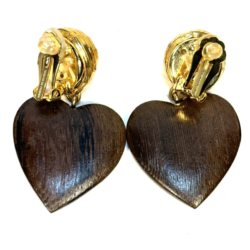REBECCA DE RAVENEL Mini Cora Wood Heart Earrings Gold Clip Back (MSRP $215)