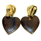 REBECCA DE RAVENEL Mini Cora Wood Heart Earrings Gold Clip Back (MSRP $215)