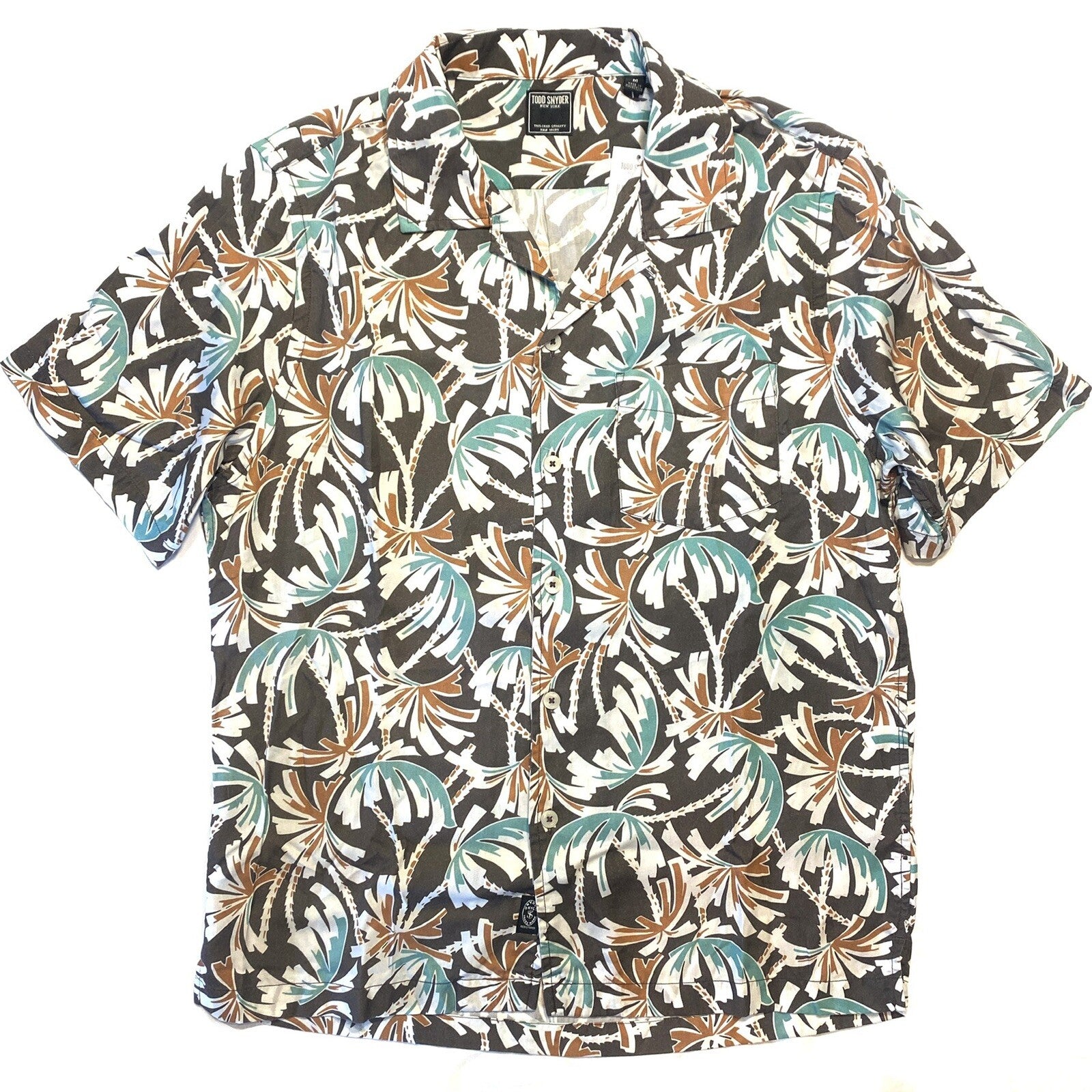 TODD SNYDER Mens Palm Print Camp Collar Short Sleeve Shirt Brown (MSRP $178)