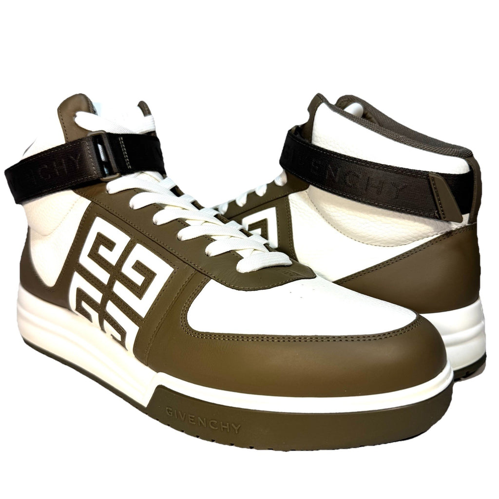 GIVENCHY Mens G4 Leather High Top Sneakers White Khaki Green 48 (MSRP $750)