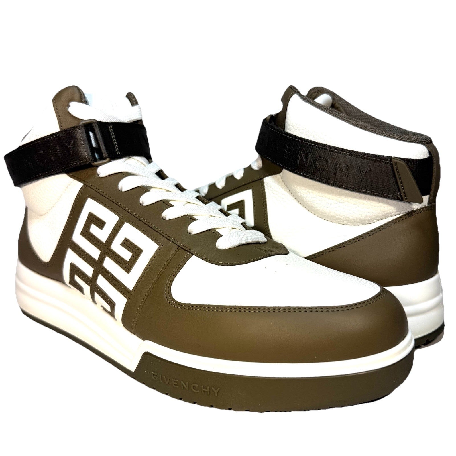 GIVENCHY Mens G4 Leather High Top Sneakers White Khaki Green 48 (MSRP $750)