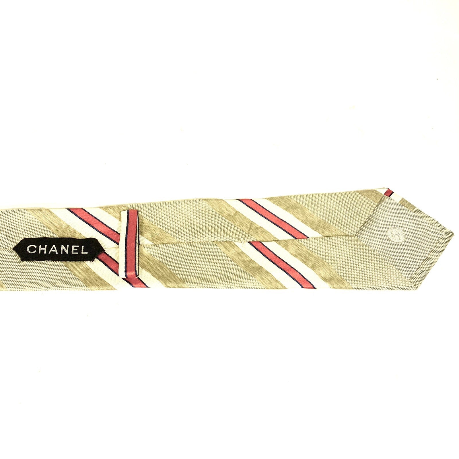 CHANEL Mens Striped Logo Silk Linen Monogram Tie Red White Beige (MSRP $210)
