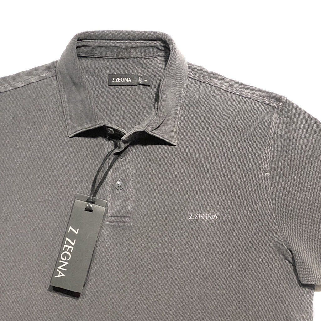 Z ZEGNA Mens Garment Dyed Logo Short Sleeve Pique Polo Shirt Grey