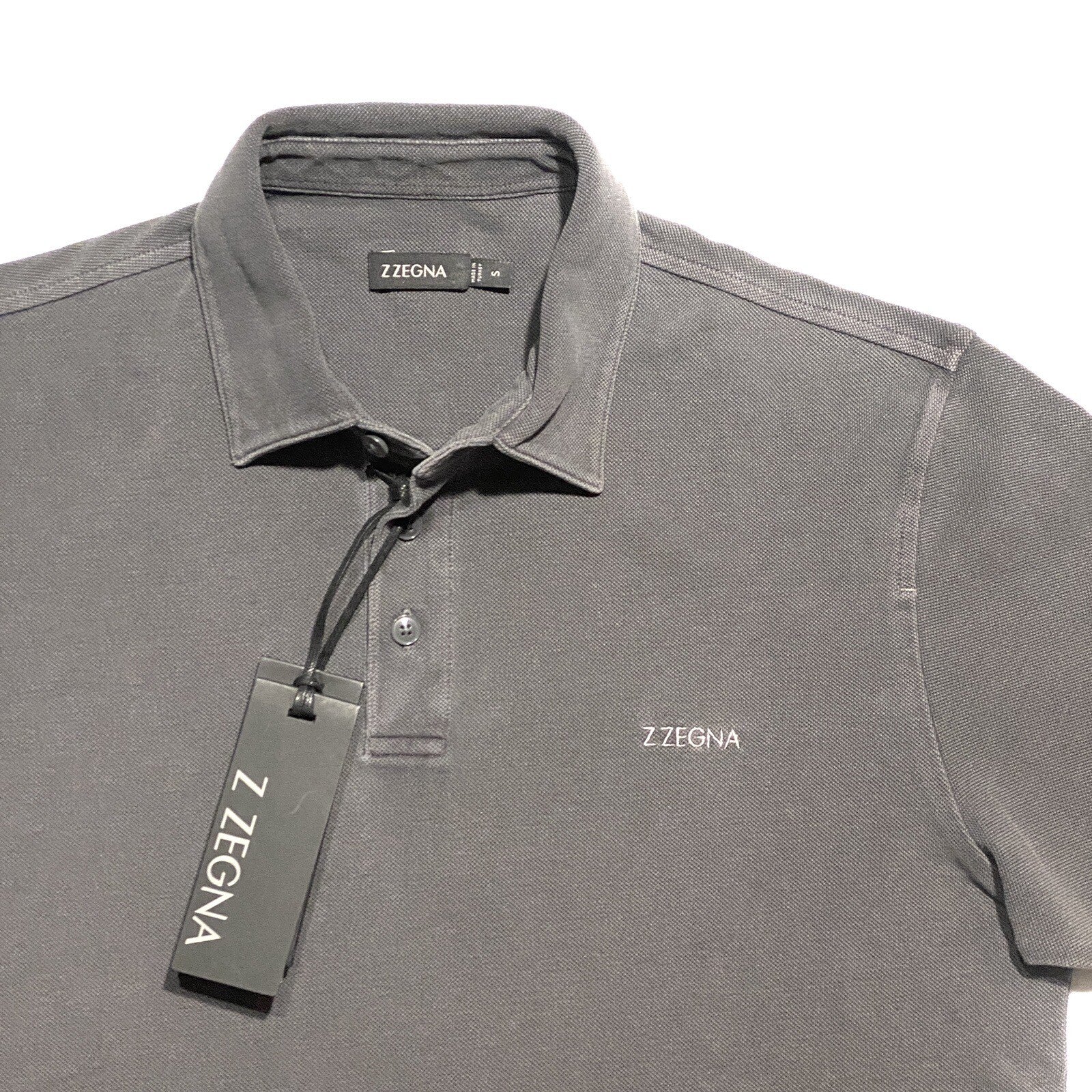 Z ZEGNA Mens Garment Dyed Logo Short Sleeve Pique Polo Shirt Grey