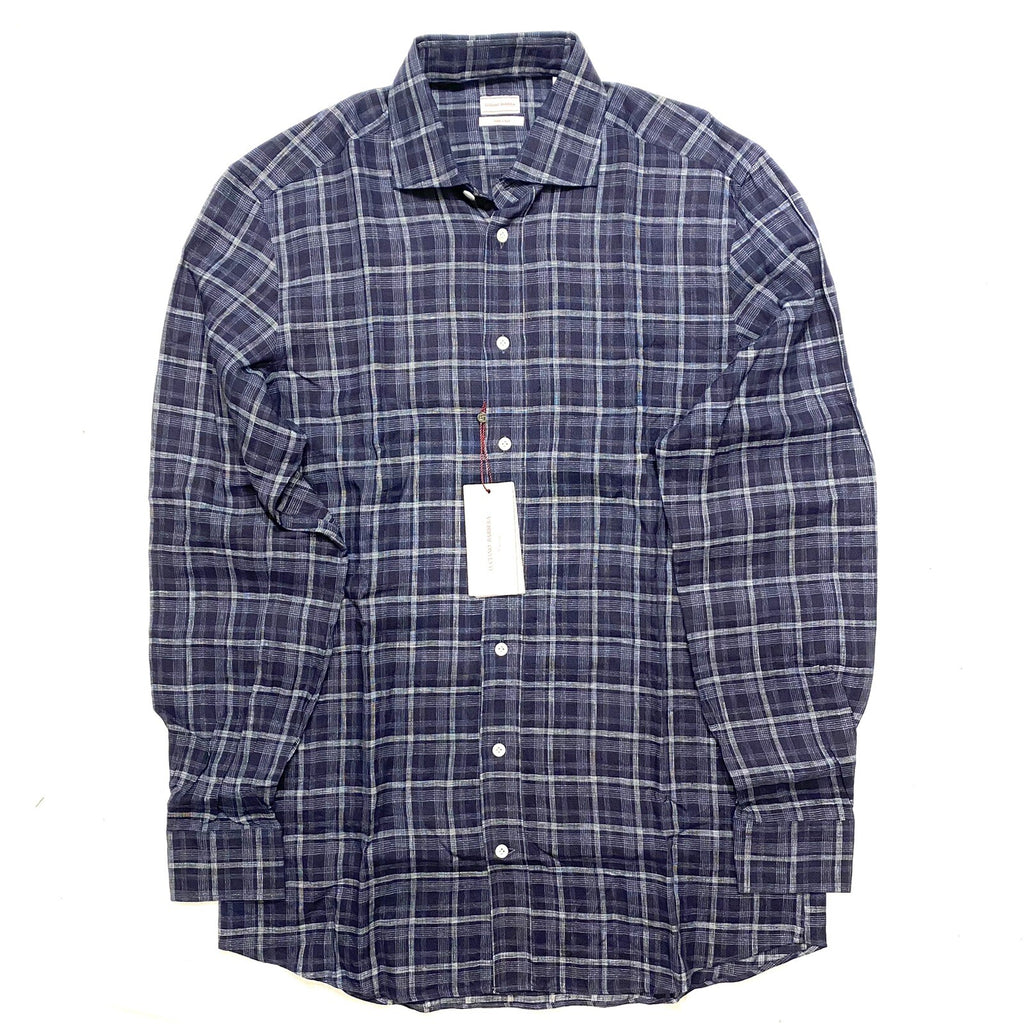 LUCIANO BARBERA Mens Linen Plaid Button Up Spread Collar Shirt Blue (MSRP $295)