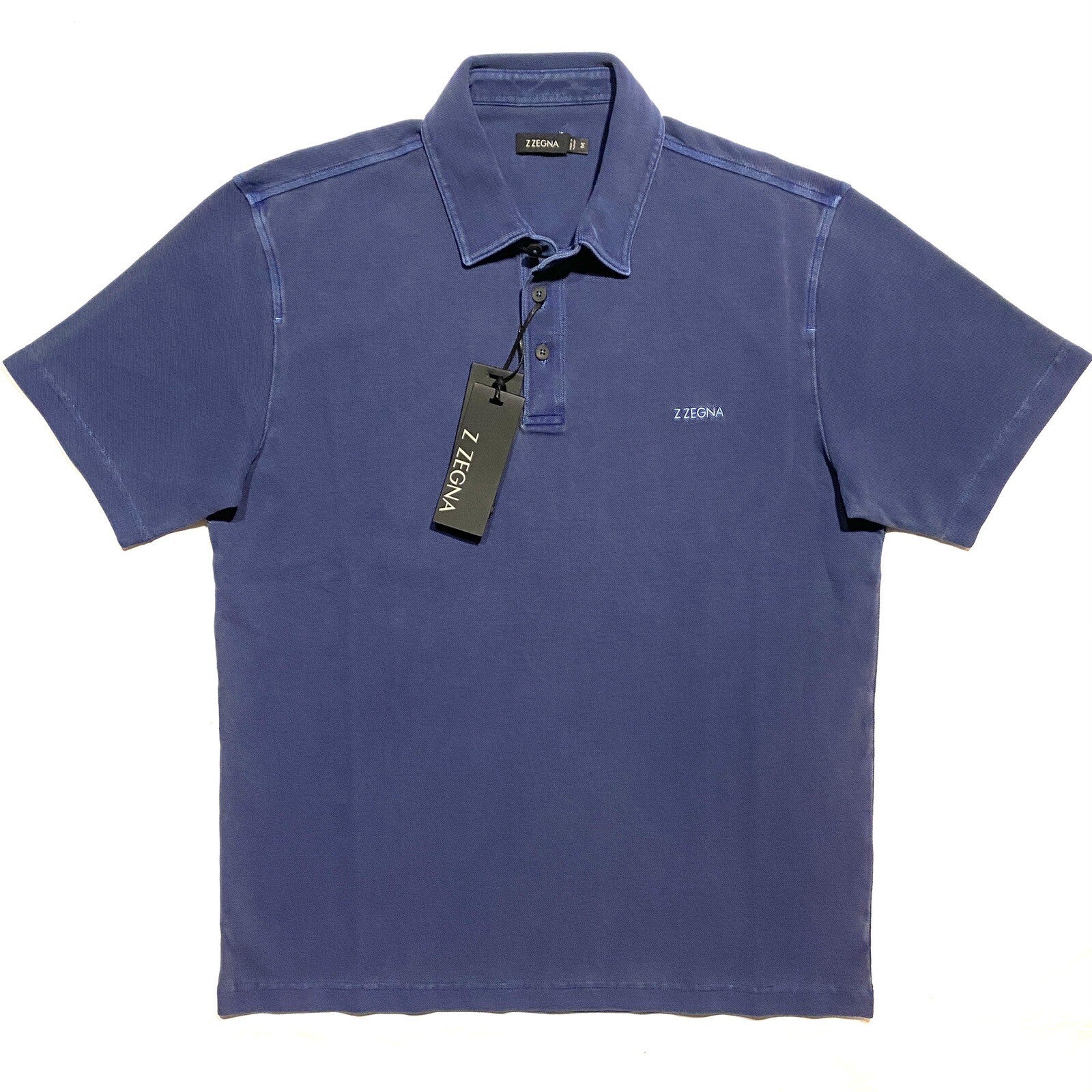 Z ZEGNA Mens Garment Dyed Logo Short Sleeve Pique Polo Shirt Blue