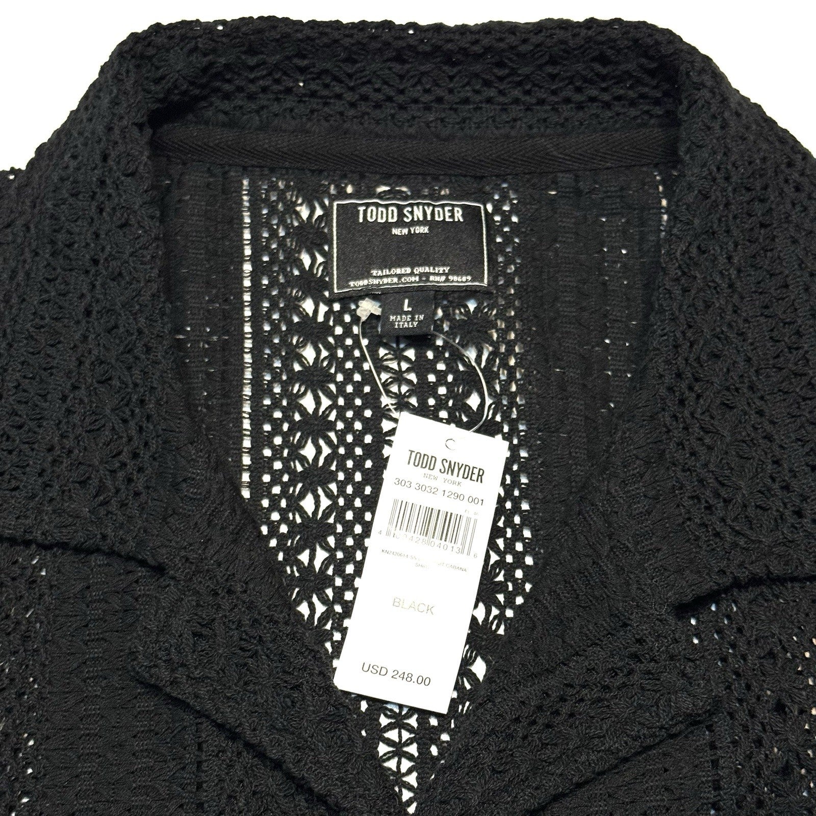 TODD SNYDER Mens Lace Knit Cabana Short Sleeve Camp Shirt Black (MSRP $248)