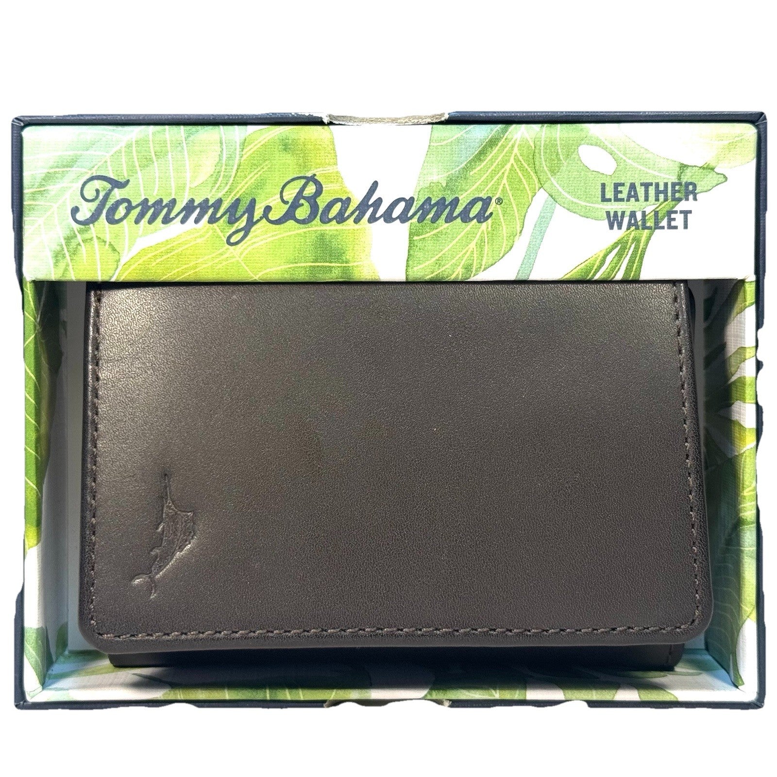 TOMMY BAHAMA Mens Logo Embossed Trifold Leather Wallet Brown (MSRP $80)