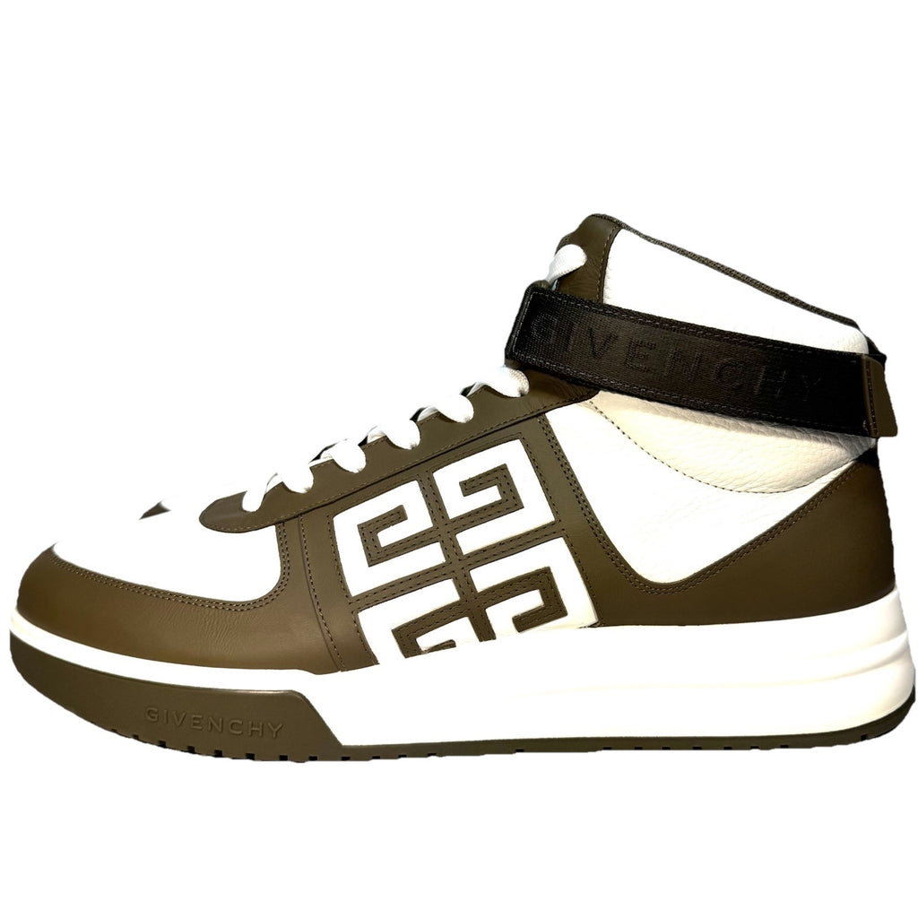GIVENCHY Mens G4 Leather High Top Sneakers White Khaki Green 48 (MSRP $750)
