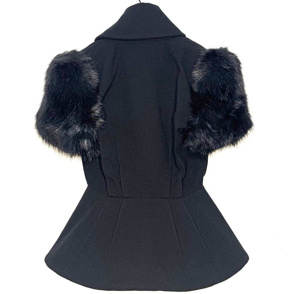 BALMAIN Womens Pleated Wool Crepe Faux Fur Trim Jacket Black 36 (MSRP $5,400)