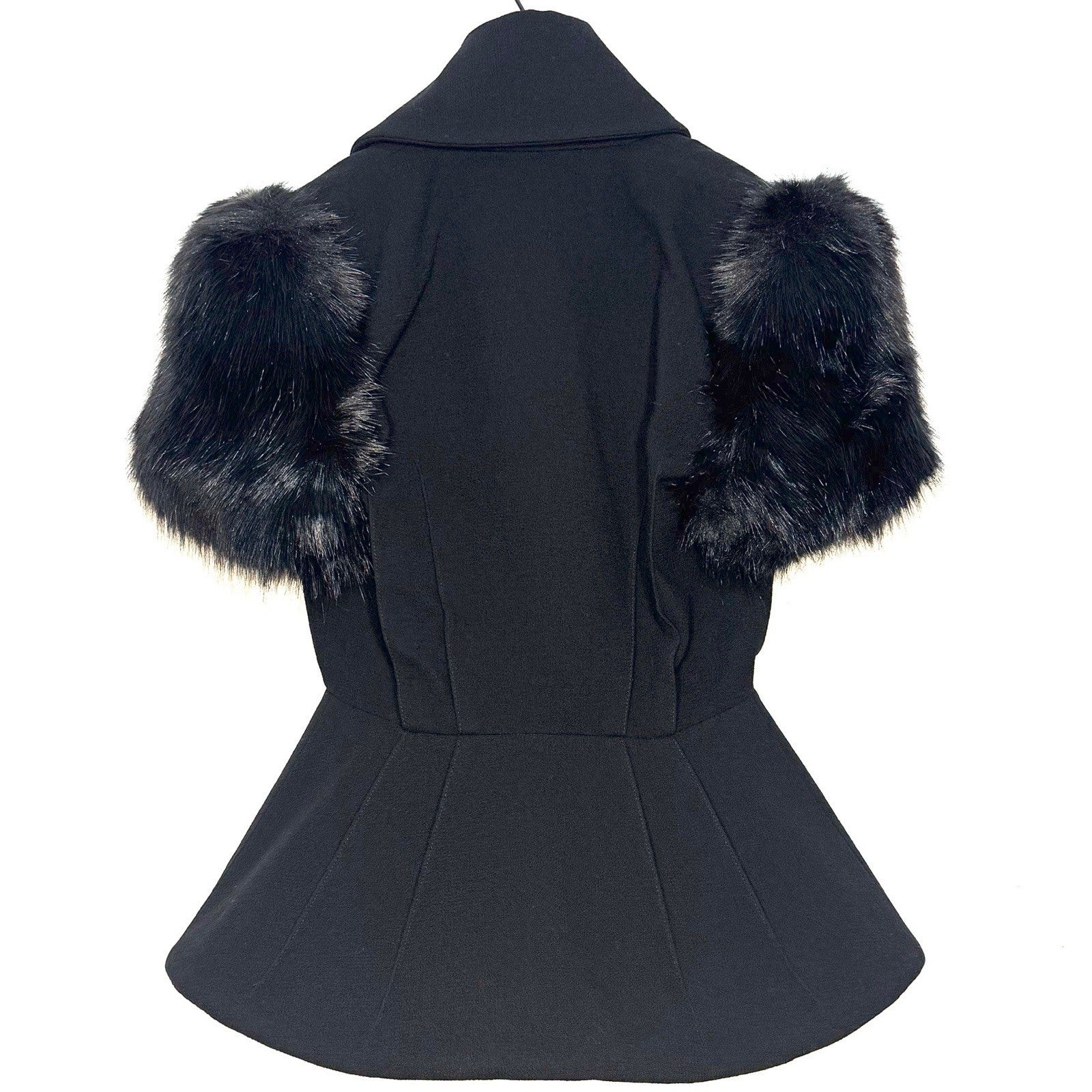 BALMAIN Womens Pleated Wool Crepe Faux Fur Trim Jacket Black 36 (MSRP $5,400)
