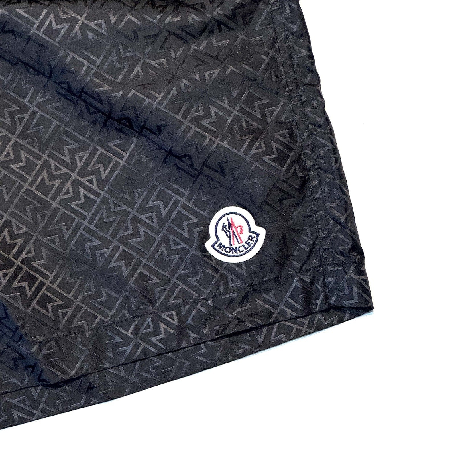 MONCLER Mens Satin Jacquard Logo Swim Trunks Shorts Black M (MSRP $530)