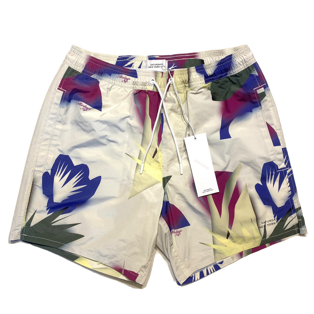 SATURDAYS NYC Mens Timothy Jungle Floral Swim Trunks Shorts Ivory (MSRP $135)