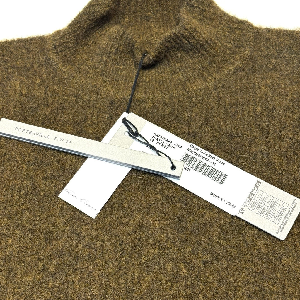 RICK OWENS Mens Maglia Alpaca Turtleneck Sweater Olive Honey Brown (MSRP $1,105)