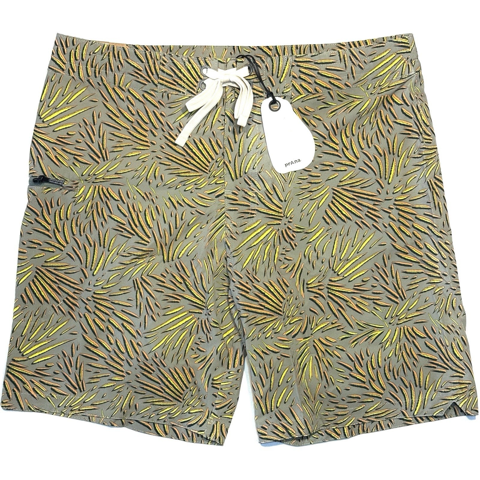 PRANA Mens 7in Fenton Board Shorts Swim Trunks Juniper Fronds Green (MSRP $65)