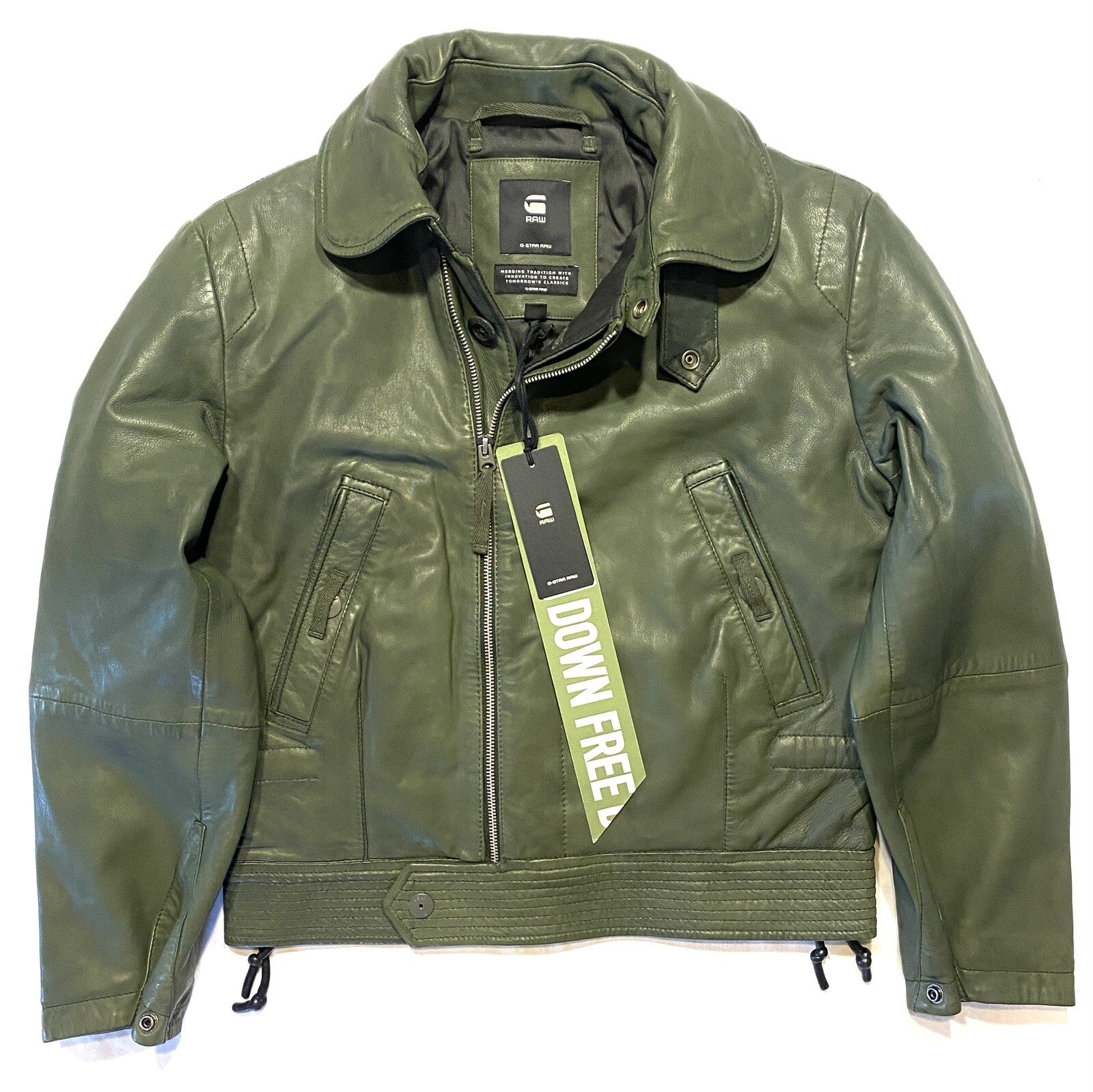 G STAR RAW Womens Vintage Short Leather Zip Jacket Coat Combat Green (MSRP $590)