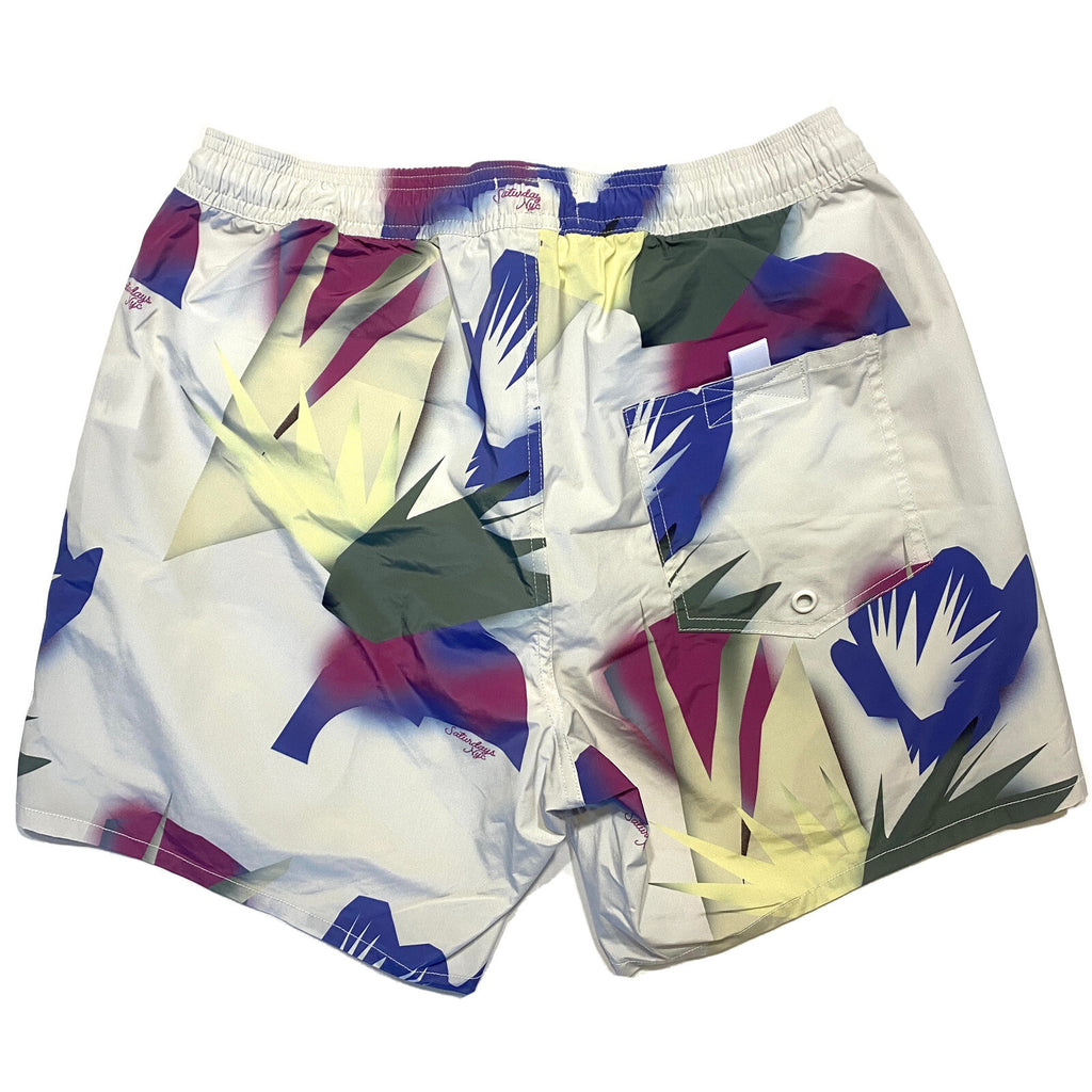 SATURDAYS NYC Mens Timothy Jungle Floral Swim Trunks Shorts Ivory (MSRP $135)