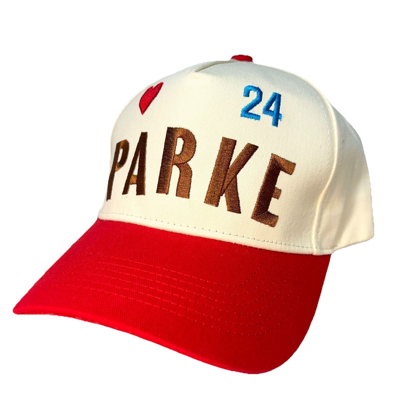 PARKE Womens Logo Heart 24 Embroidered Snapback Trucker Hat Beige Red