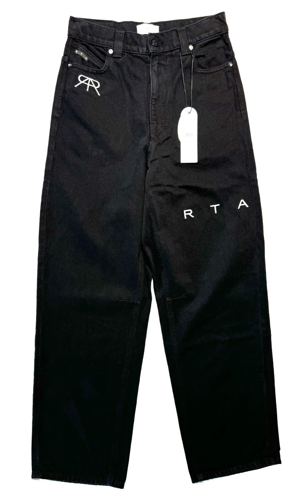 RtA Mens Wide Leg Logo Embroidered Denim Jeans Black (MSRP $395)