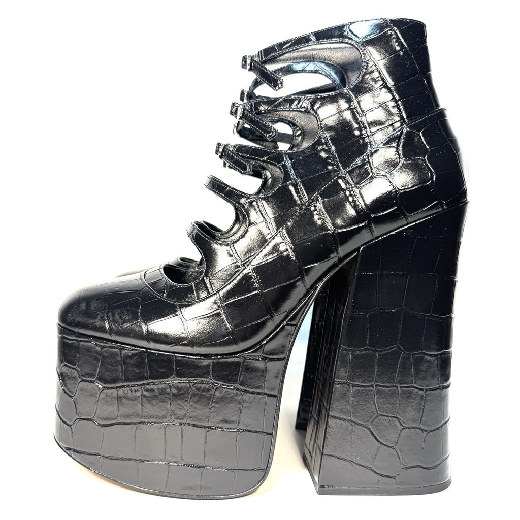 MARC JACOBS The Kiki Ankle Platform Croc Embossed Boots Black (MSRP $550)
