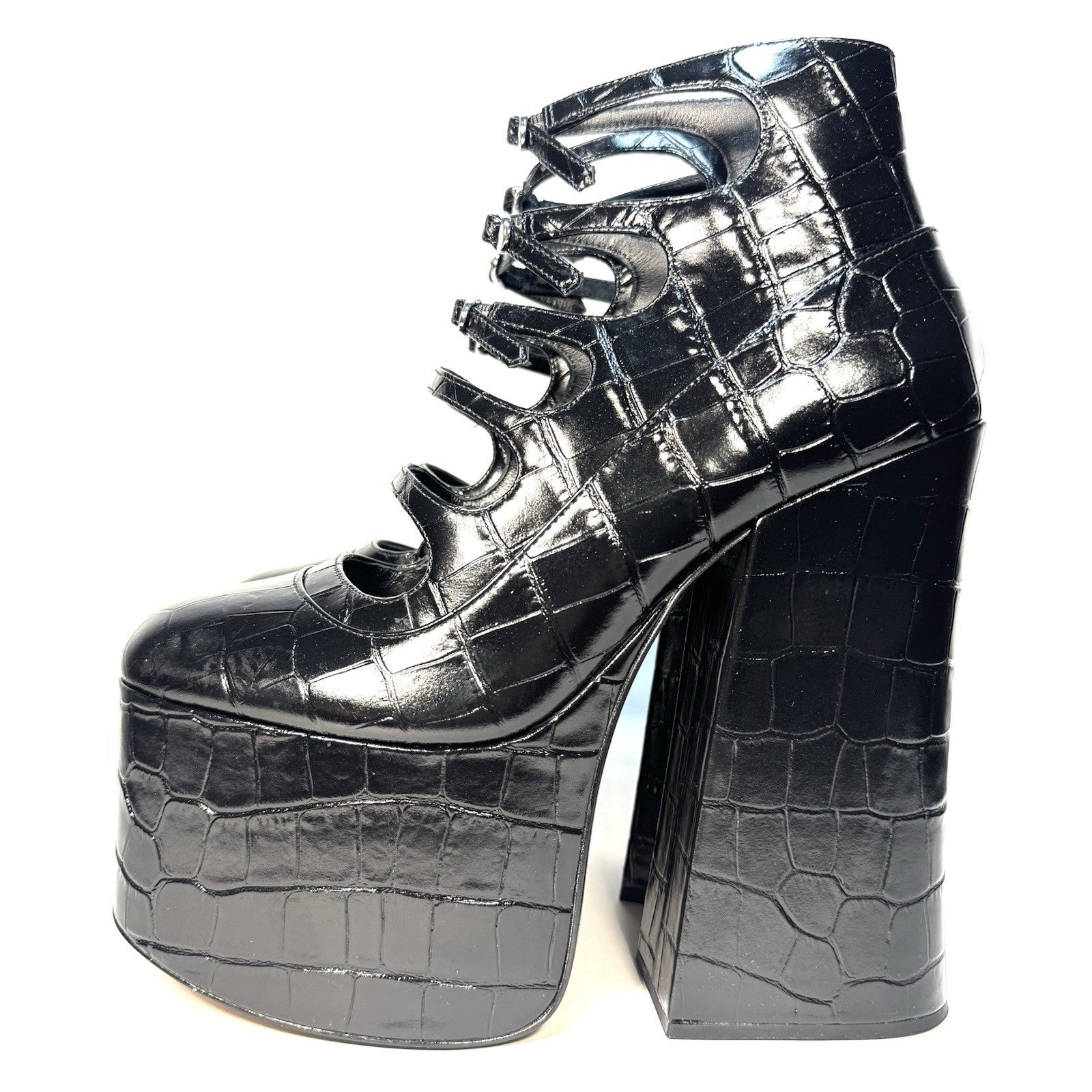 MARC JACOBS The Kiki Ankle Platform Croc Embossed Boots Black (MSRP $550)