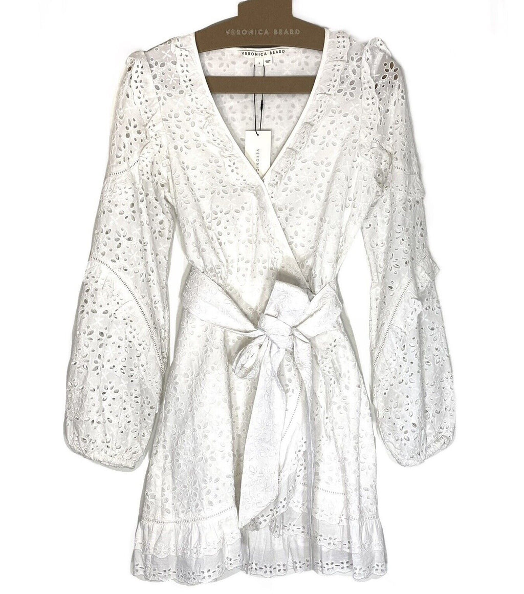 VERONICA BEARD Julia Belted Eyelet Puff Long Sleeve Dress White (MSRP $598)