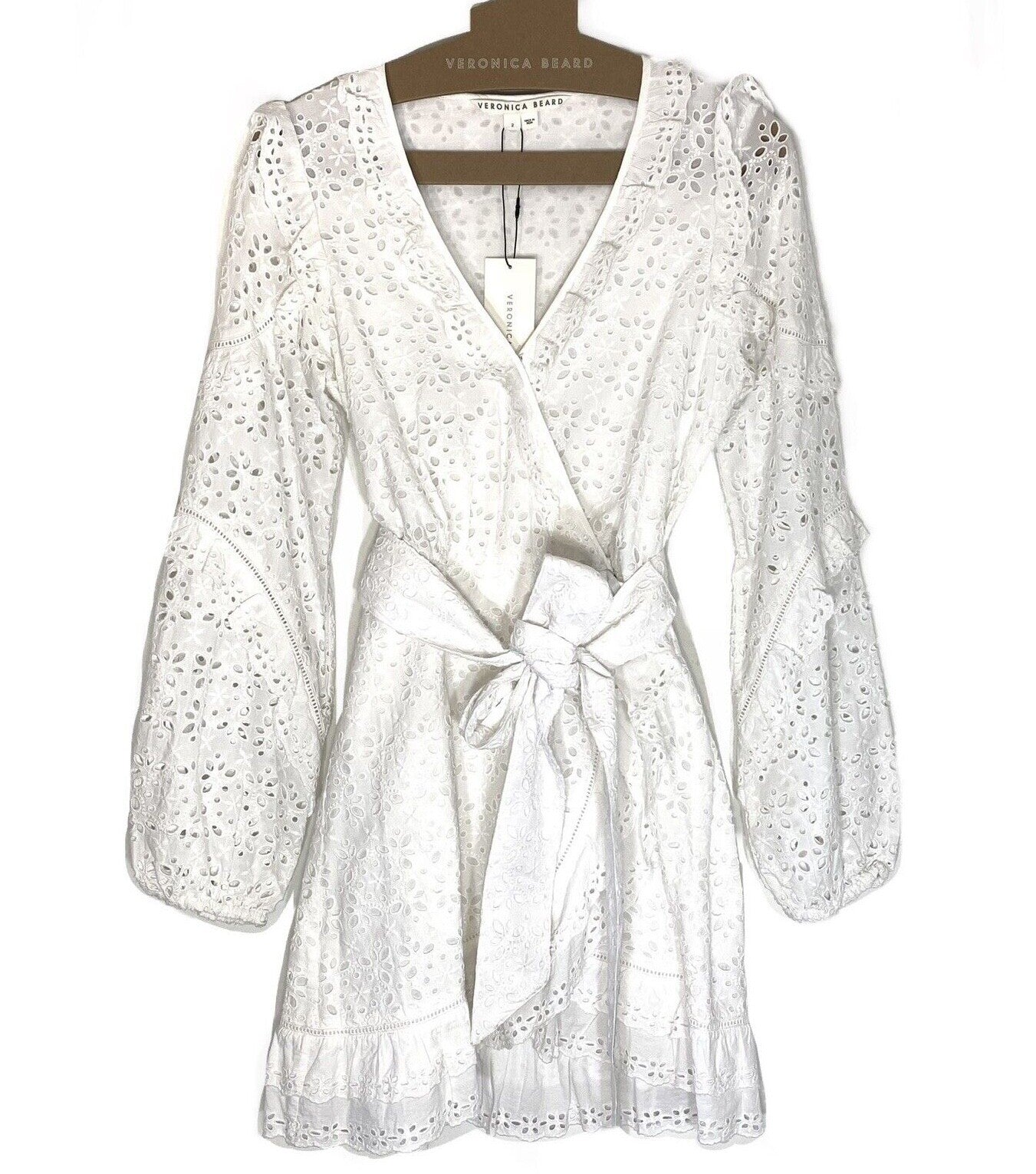 VERONICA BEARD Julia Belted Eyelet Puff Long Sleeve Dress White (MSRP $598)