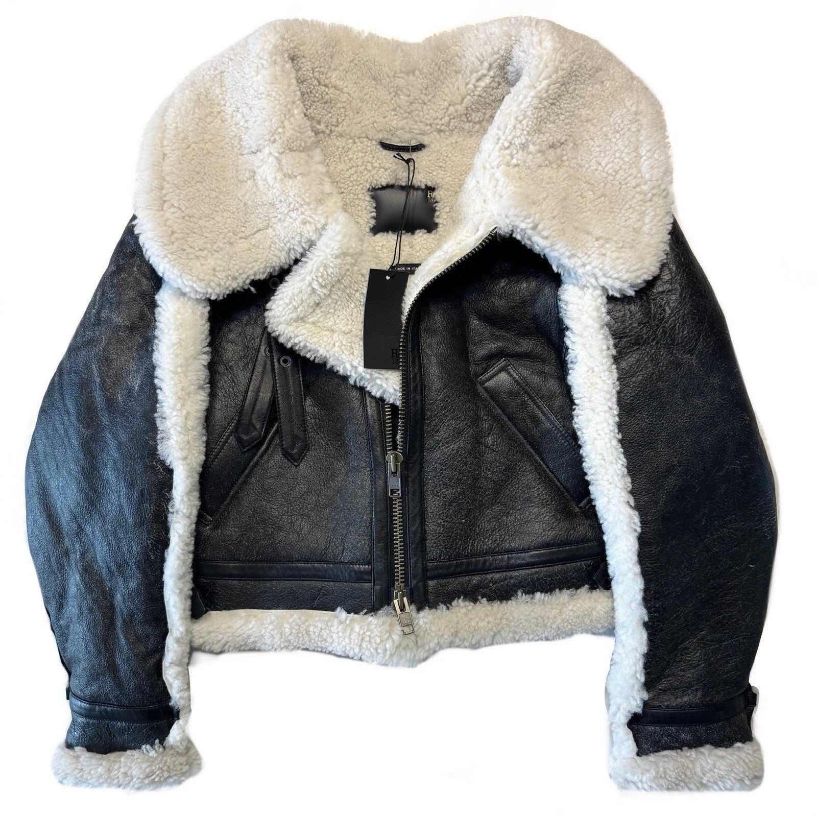 R13 Womens Shearling Leather Shrunken Aviator Jacket Black (MSRP $3,495)