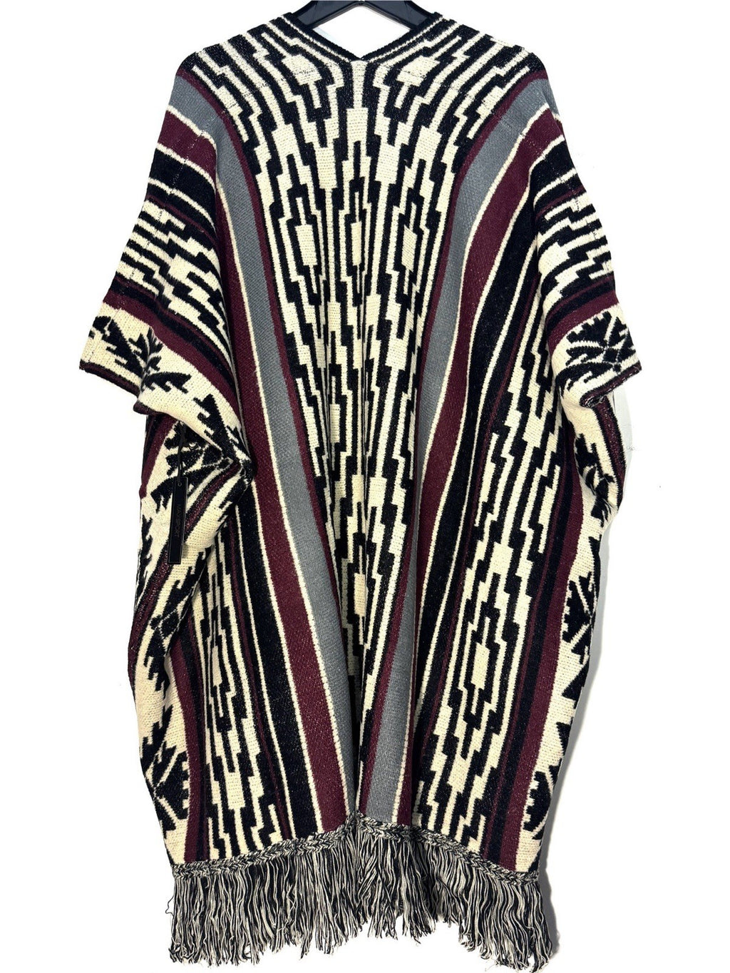 MAX SPORT Womens Geometric Stripe Poncho Black Burgundy O/S (MSRP $238)