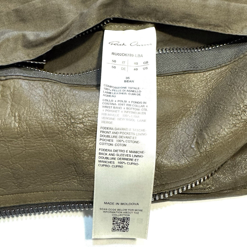 RICK OWENS Mens Classic Leather Flight Bomber Jacket Olive Green 50 -MSRP $2,745
