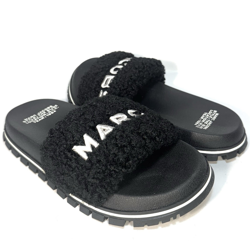 MARC JACOBS Womens The Slide Spellout Logo Teddy Sandals Black (MSRP $195)