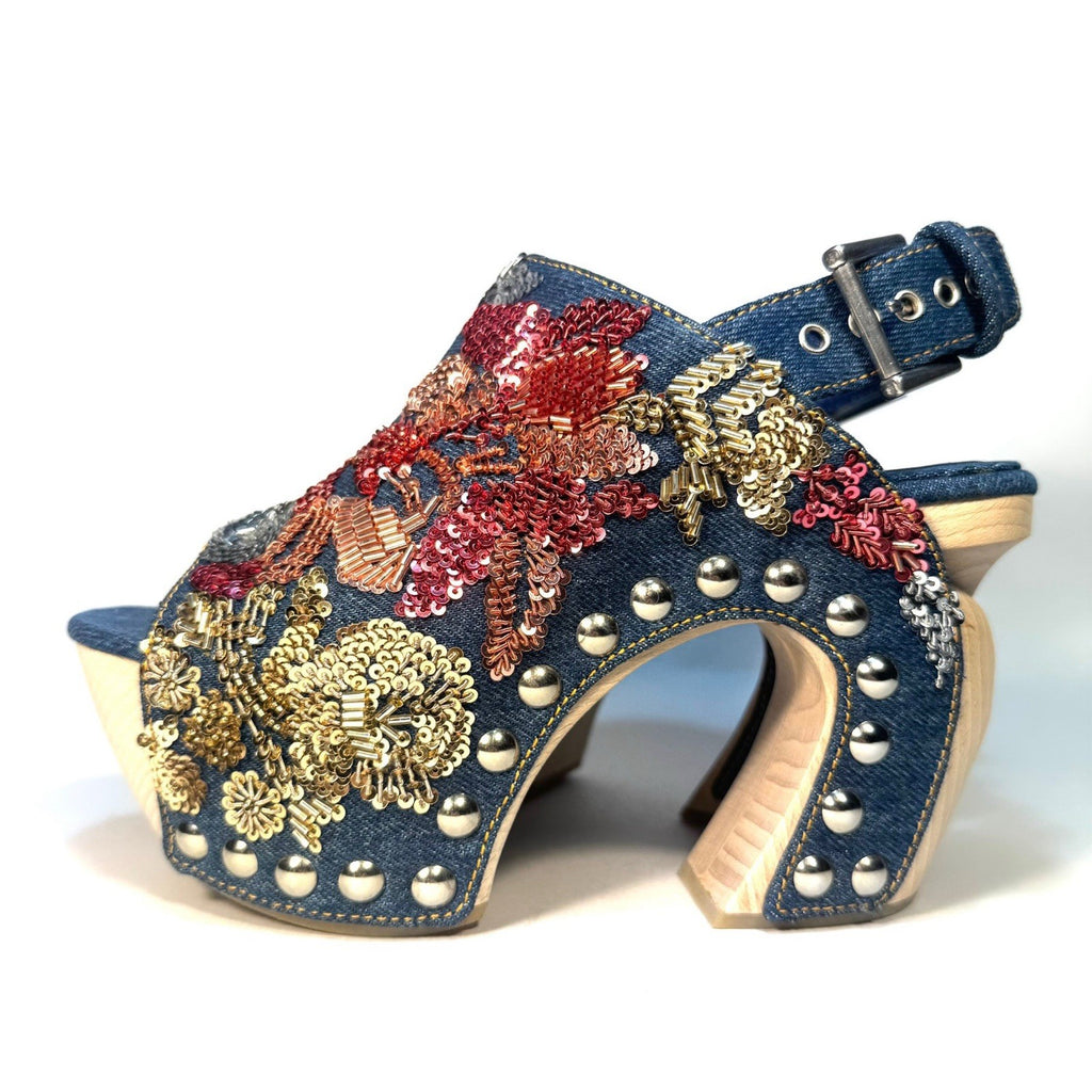ALEXANDER MCQUEEN Womens Floral Beaded Denim Clog Mule Sandals 36 (MSRP $3,360)