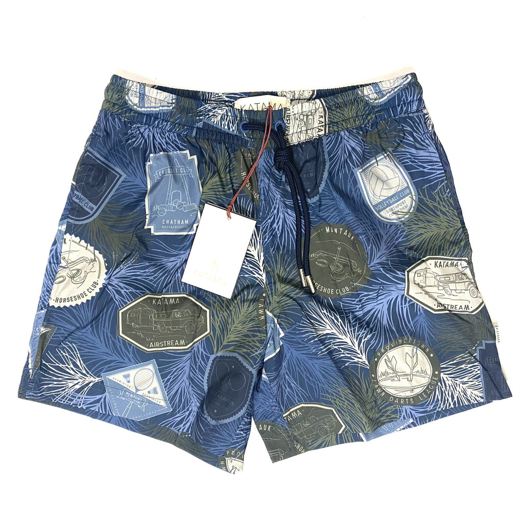 KATAMA Mens Emerson Surf Swim Trunks Destination Logo Print Blue (MSRP $195)