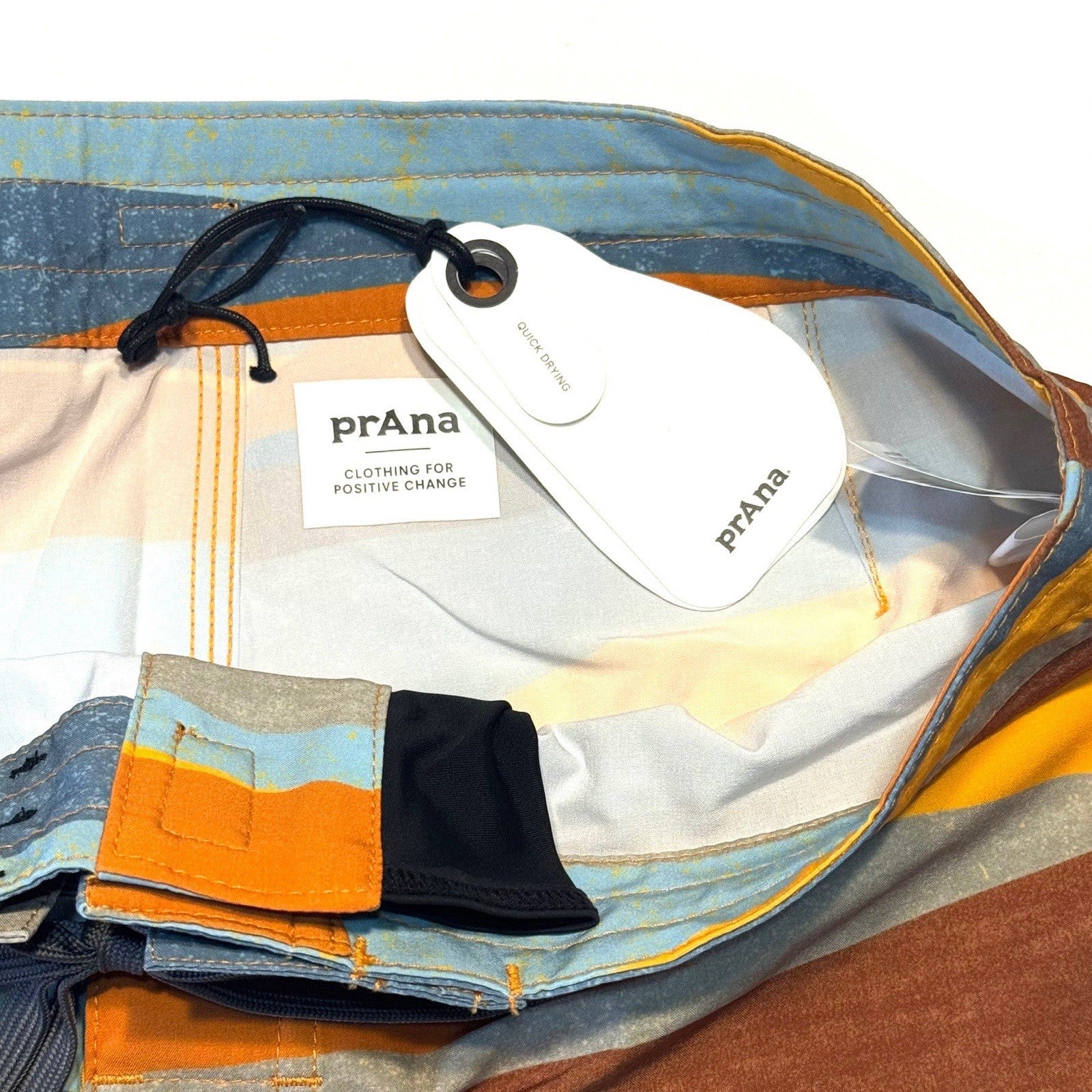 PRANA Mens 9in Fenton Board Shorts Swim Trunks Ochre Stripe Orange (MSRP $65)